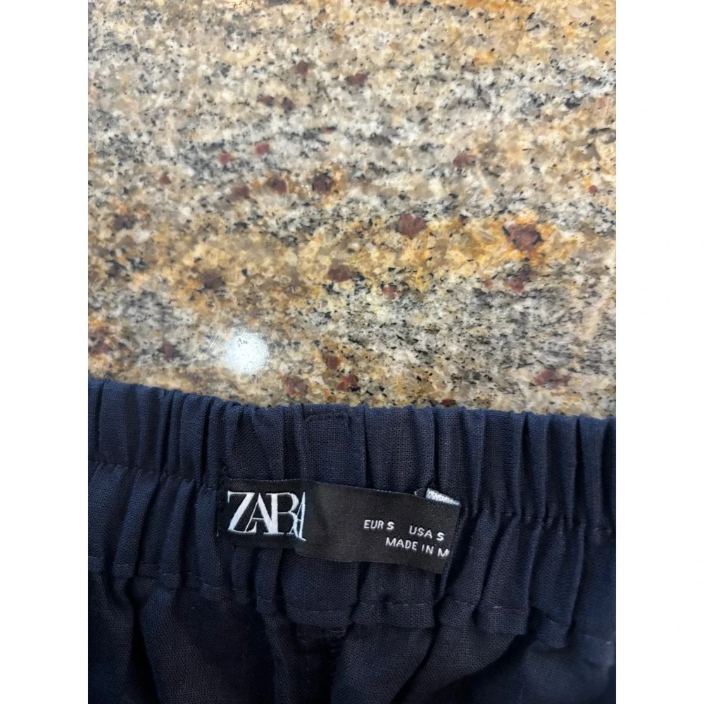 NWT Zara Linen Blend Cargo Pants Tie Waist Relaxed Fit‎ Cropped Blue Small